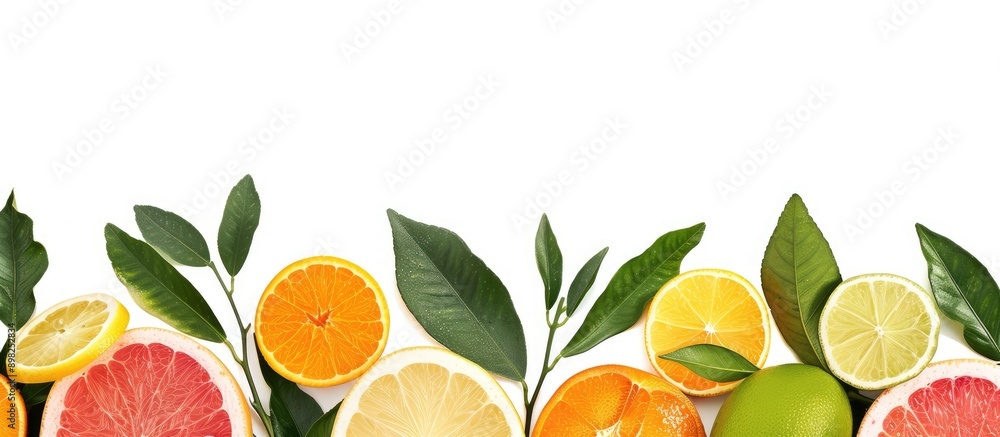 Poster assorted citrus fruits with leaves creating a fresh and vibrant copy space image includes orange gra