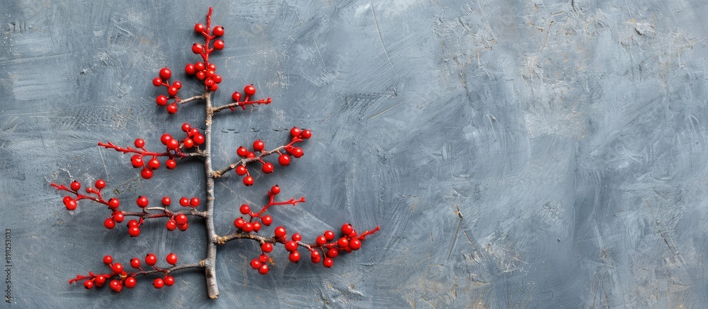 Poster Creative Christmas concept depicted through Christmas tree branches with red berries arranged as a tree shape on a gray background composing a festive copy space image