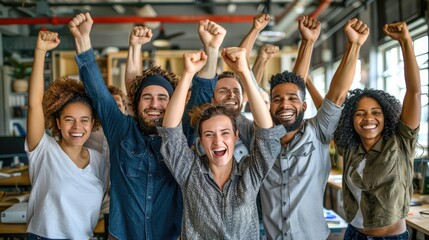 Diverse group of people celebrating success together in an office, showing happiness, teamwork, and unity.