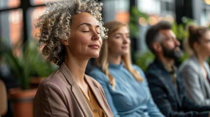 Fototapeta premium Diverse group of people practicing mindfulness meditation in a serene and relaxed environment.