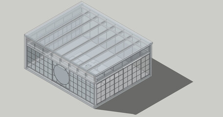 Isometric wireframe of Japanese Tearoom or tea house 3d rendering