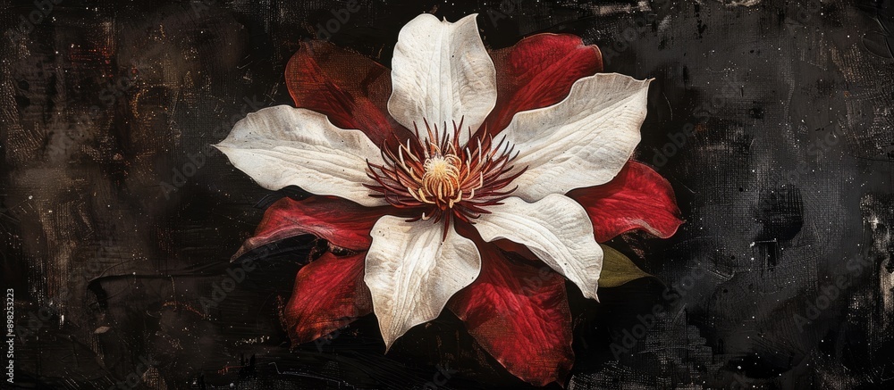 Aufkleber detailed vintage style painting with a single red and white clematis flower s center as the subject 