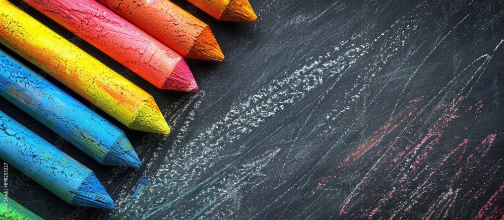 Poster Top view of vibrant chalk on a blackboard backdrop featuring a copy space image