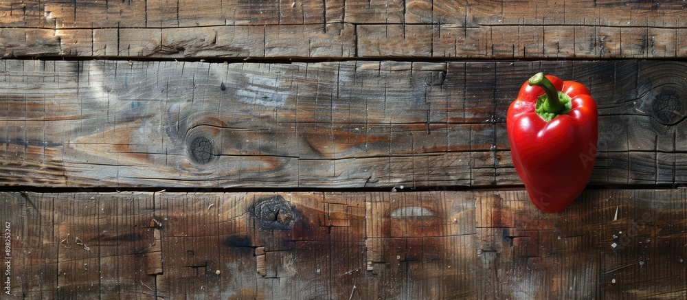 Poster top view of a bulgarian pepper and paprika on a wooden surface with ample copy space image available