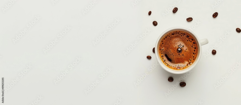 Poster coffee cup with espresso and roasted beans on a white background ideal for a coffee themed wallpaper
