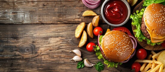 A delicious homemade burger paired with potato wedges and fresh vegetables perfect for summer barbecues restaurant menus or food blogs Ideal for American cuisine enthusiasts the image includes copy s