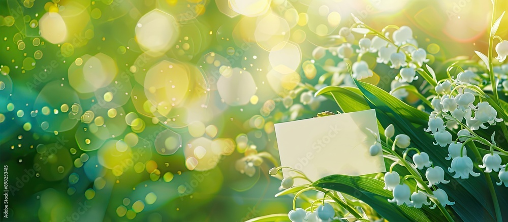 Poster colorful background with a gorgeous lily of the valley flowers and a blank card for copy space image