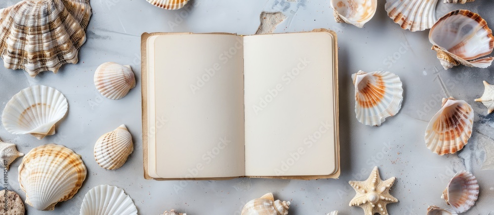 Poster A blank notebook on a wooden table showcases creativity products with seashells on a white background set against a stone backdrop in a top view copy space image