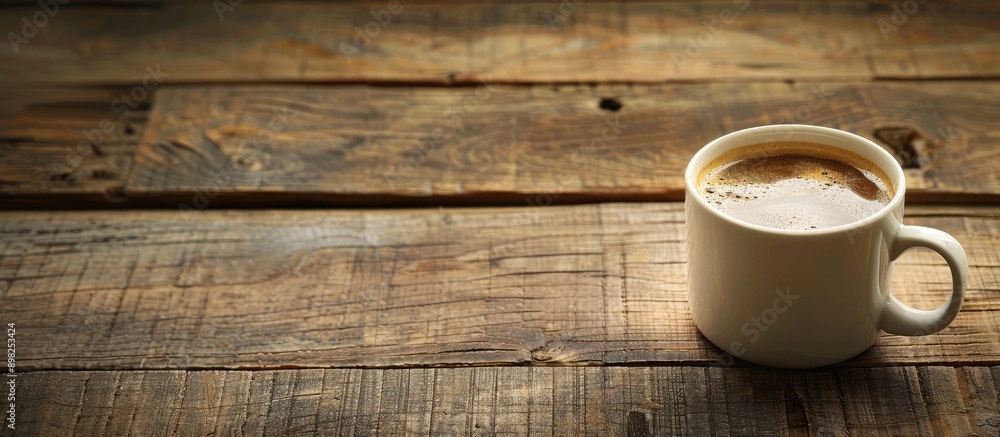 Poster coffee cup resting on a wooden table with an empty space for text or images suitable for background 