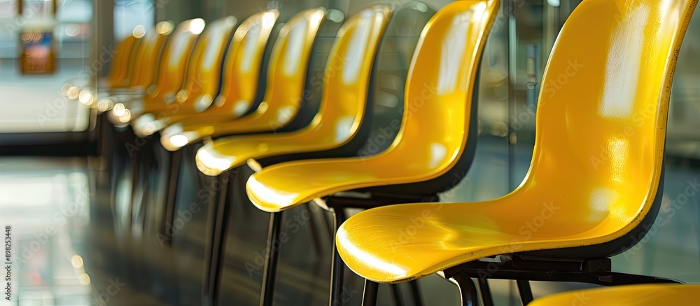 Aufkleber A close up view of a row of yellow empty chairs in a reception room with copy space image