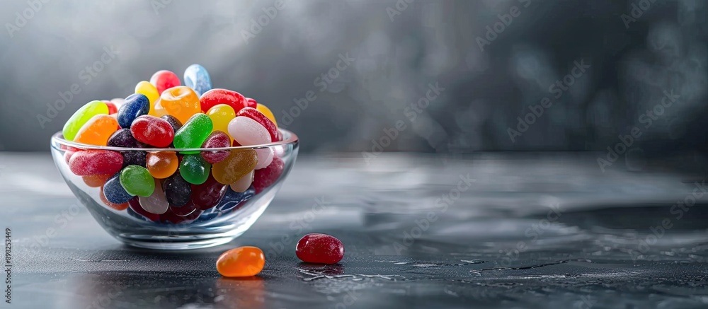 Poster colorful jelly beans displayed in a glass bowl on a background with copy space image