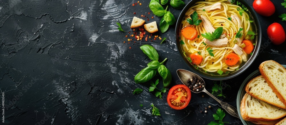 Aufkleber Chicken soup with noodles bread and a blank space for adding images or text. Creative banner. Copyspace image