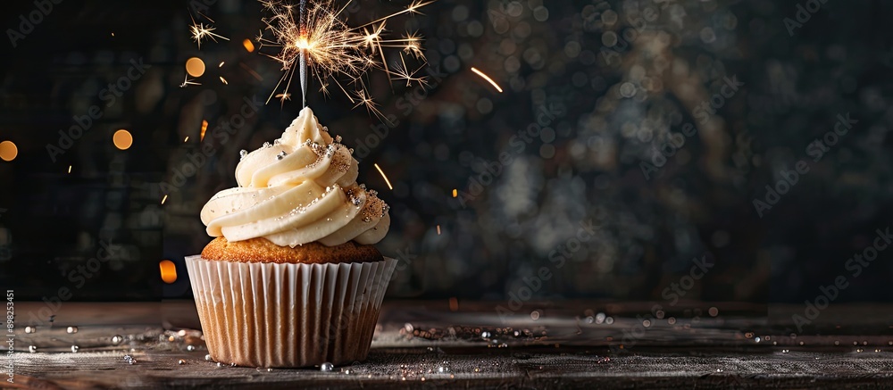 Poster A delicious cupcake with creamy buttercream and a sparkler on a wooden surface set against a dark backdrop with ample copy space image