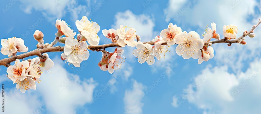 Poster Blooming apricot branches in spring against a sky backdrop in a banner featuring copy space image