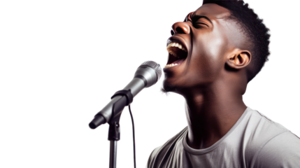 Afro-American man singing into a microphone isolated on white background.