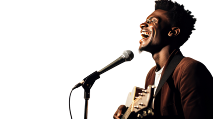 Afro-American man singing into a microphone isolated on white background.