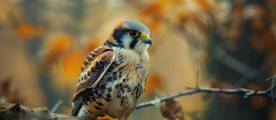 American Kestrel Falco sparverius is the most common representative of the Falco genus in North America representing the American continent It is visible in the copy space image