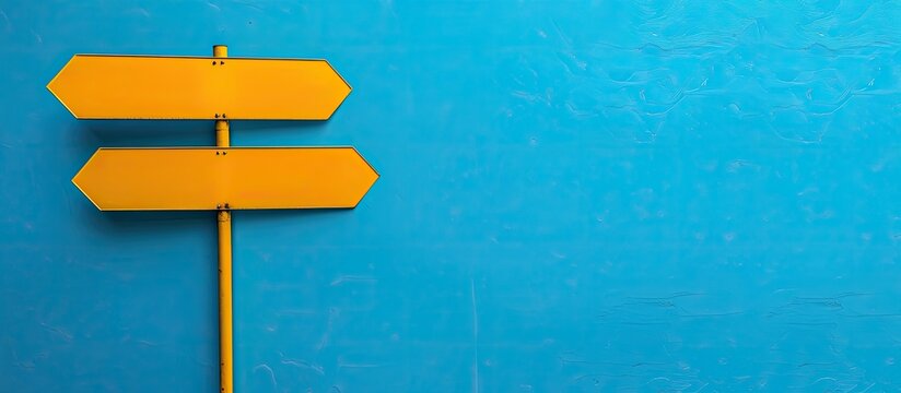Close up comparison background featuring two blank signs on a blue backdrop providing copy space for your text and functioning as direction signs
