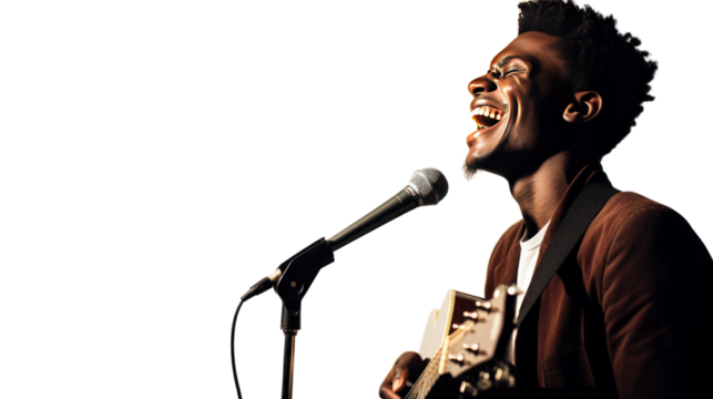 Afro-American man singing into a microphone isolated on white background.
