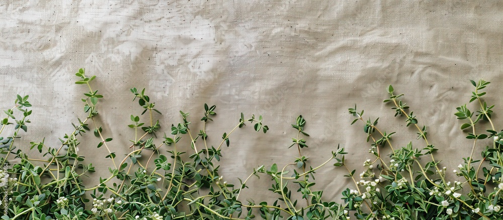 Poster Blooming fresh thyme herb and lemon thyme plants on a linen background with healthy greens creating an ideal copy space image