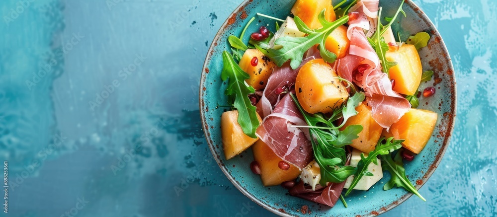 Poster Top down view of a colorful salad featuring cantaloupe prosciutto cheese and arugula on a blue backdrop with space for text or images. Creative banner. Copyspace image
