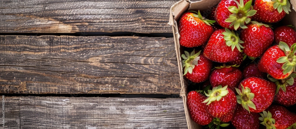 Poster a close up image of ripe red strawberries from a farm displayed for sale at a supermarket set agains