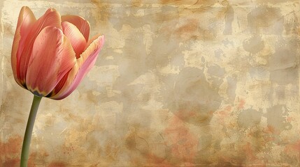   A lone pink tulip rests against a textured wall with a grunge background
