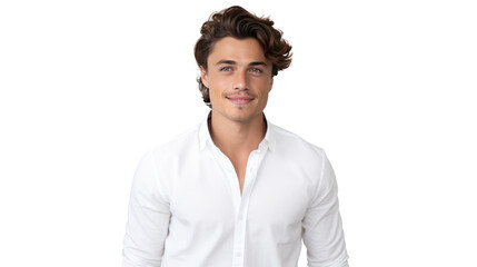 A confident man with a friendly expression, wearing a casual shirt isolated on white background.