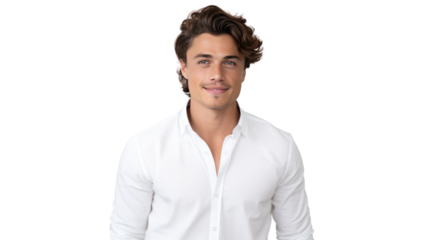 A confident man with a friendly expression, wearing a casual shirt isolated on white background.