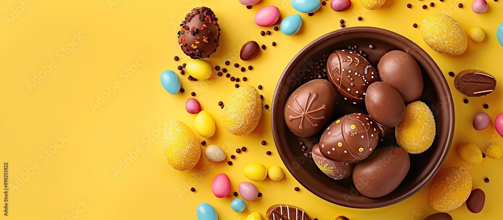 Poster flat lay arrangement of chocolate easter eggs and sweets on a yellow backdrop with a view from above