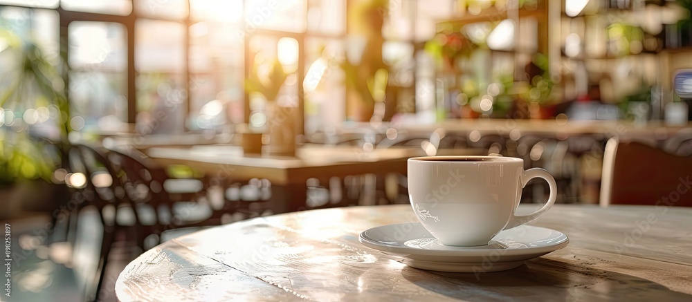 Poster Coffee cup on a table in a cafe with a copy space image