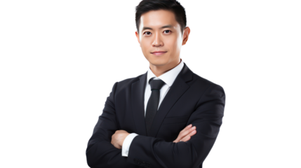 Asian businessman looking at camera isolated on white background.