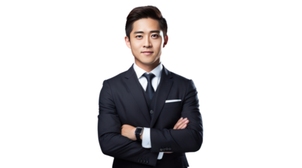 Asian businessman looking at camera isolated on white background.