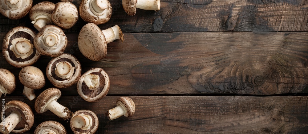 Poster Top down view of champignons mushrooms displayed on a dark wooden surface with ample copy space image available for text
