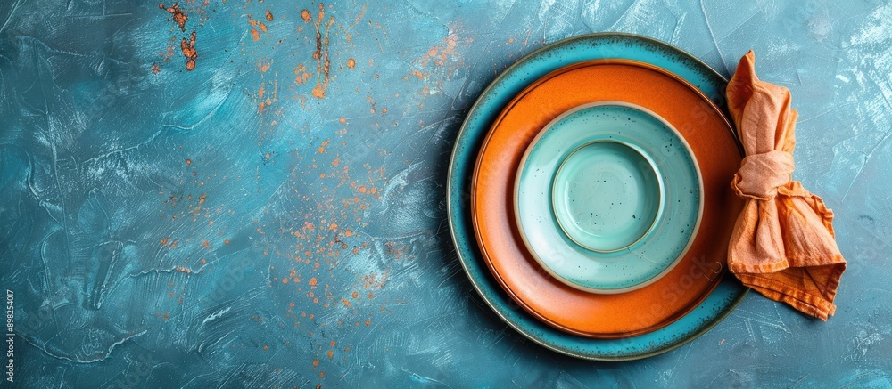 Fototapete a blue concrete background showcases a table setting including a plate and napkin seen from a top do