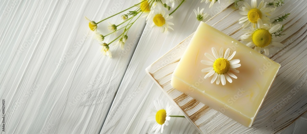 Poster Chamomile flower adorned soap bar displayed on a white wooden surface with a copy space image