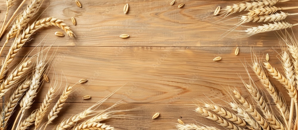 Poster barley and wheat ears placed on a wooden desk frame the copy space image leaving room for your text 