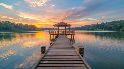 Fototapeta premium Wooden bridge leading to a gazebo on a lake at sunset.