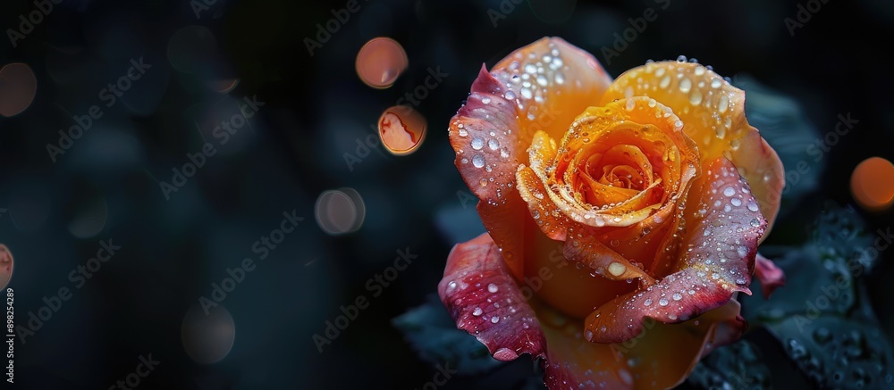 Poster close up image of double delight rose on black backdrop with white bokeh showcasing its yellow heart