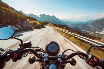 A sleek, modern motorcycle speeding down a winding mountain road with breathtaking views of valleys and peaks, under a clear blue sky