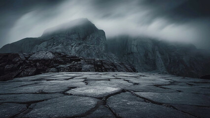 Podium black dark smoke background product platform abstract stage. Soft blur Dark black floor podium hazy clouds dramatic empty night land mountains concrete wall scene place display studio smoky 