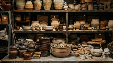 Fototapeta premium Vintage pottery and ceramic items displayed on wooden shelves