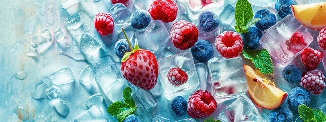 frozen ice cubes with berries. Selective focus.