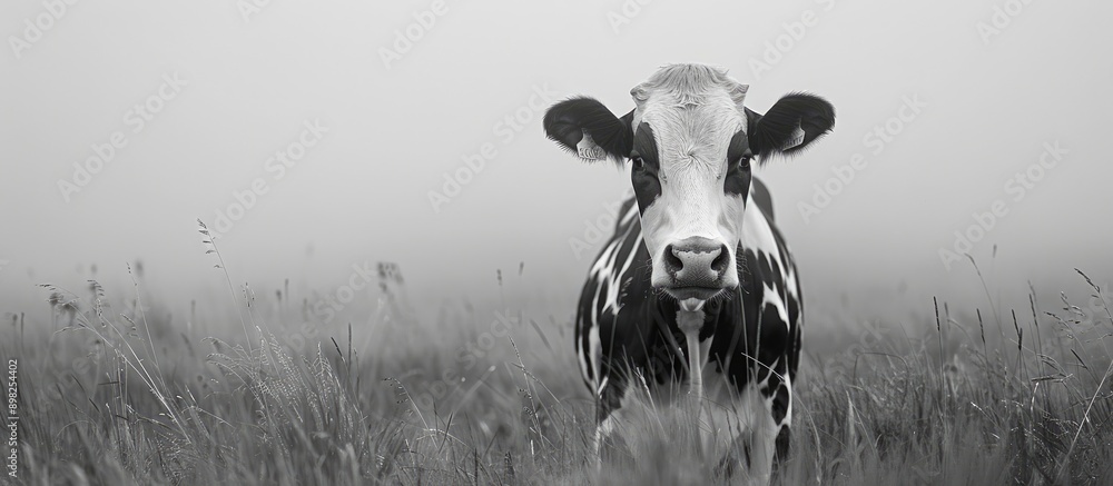 Poster a cow in black and white spots peacefully nibbling on grass in a spacious meadow appearing directly 