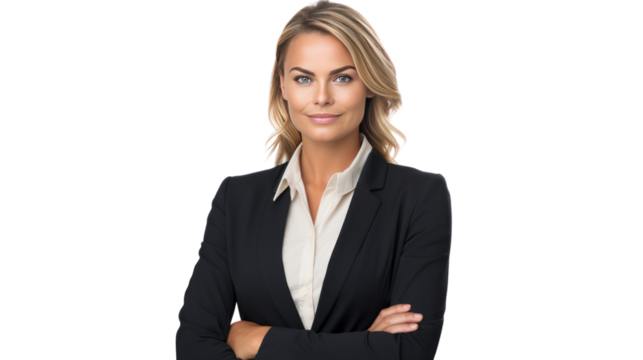 Smiling blonde businesswoman in a suit crossed arms isolated on white background	
