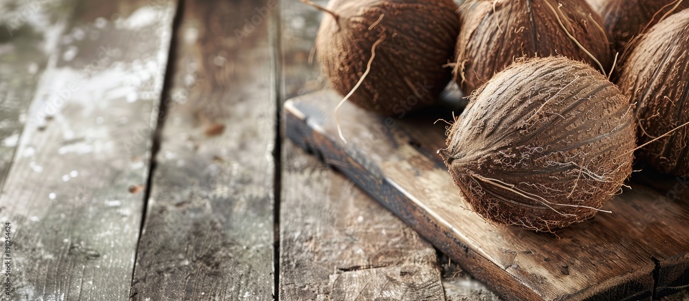 Poster close up of a whole coconut on a wooden board with ample copy space image