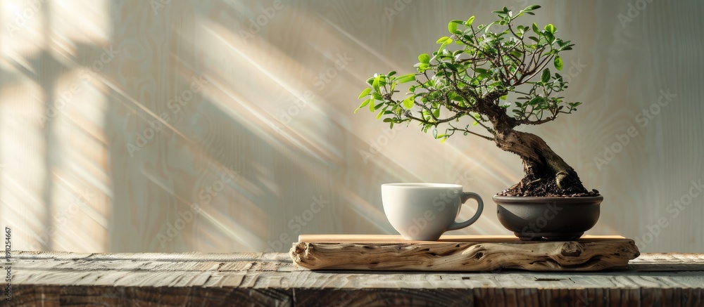 Aufkleber a cup of black coffee placed beside a bonsai tree on a wooden base in an elegant composition with co