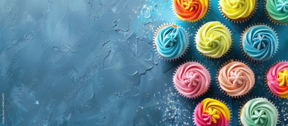 Poster colorful cupcakes adorned with sugar paste and cream are displayed as artistic creations at a party 