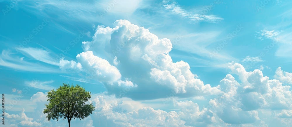 Aufkleber Blue sky with fluffy clouds providing a backdrop for a tree top with copy space image