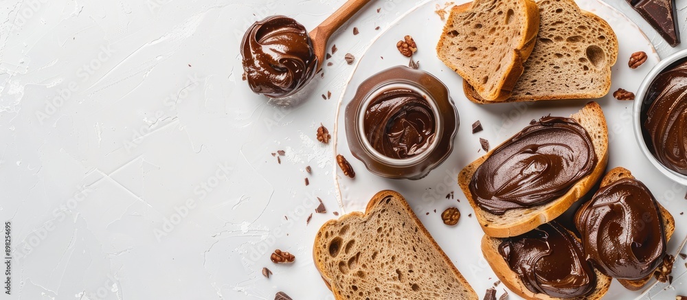 Poster Bengali slice bread with chocolate spread displayed in a flatlay image on a white background with available copy space
